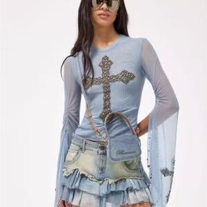 Light Blue Sheer Cross Embellished Top